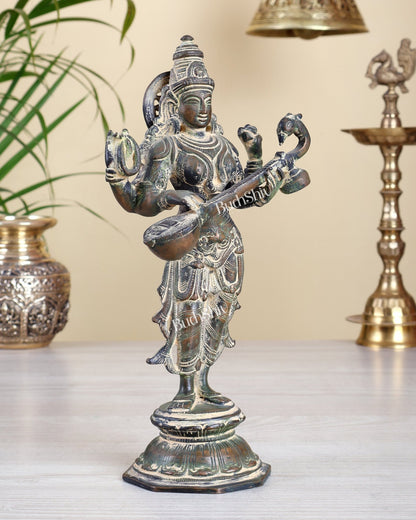 Brass Standing Saraswati Idol 10" vintage finish - Budhshiv.com