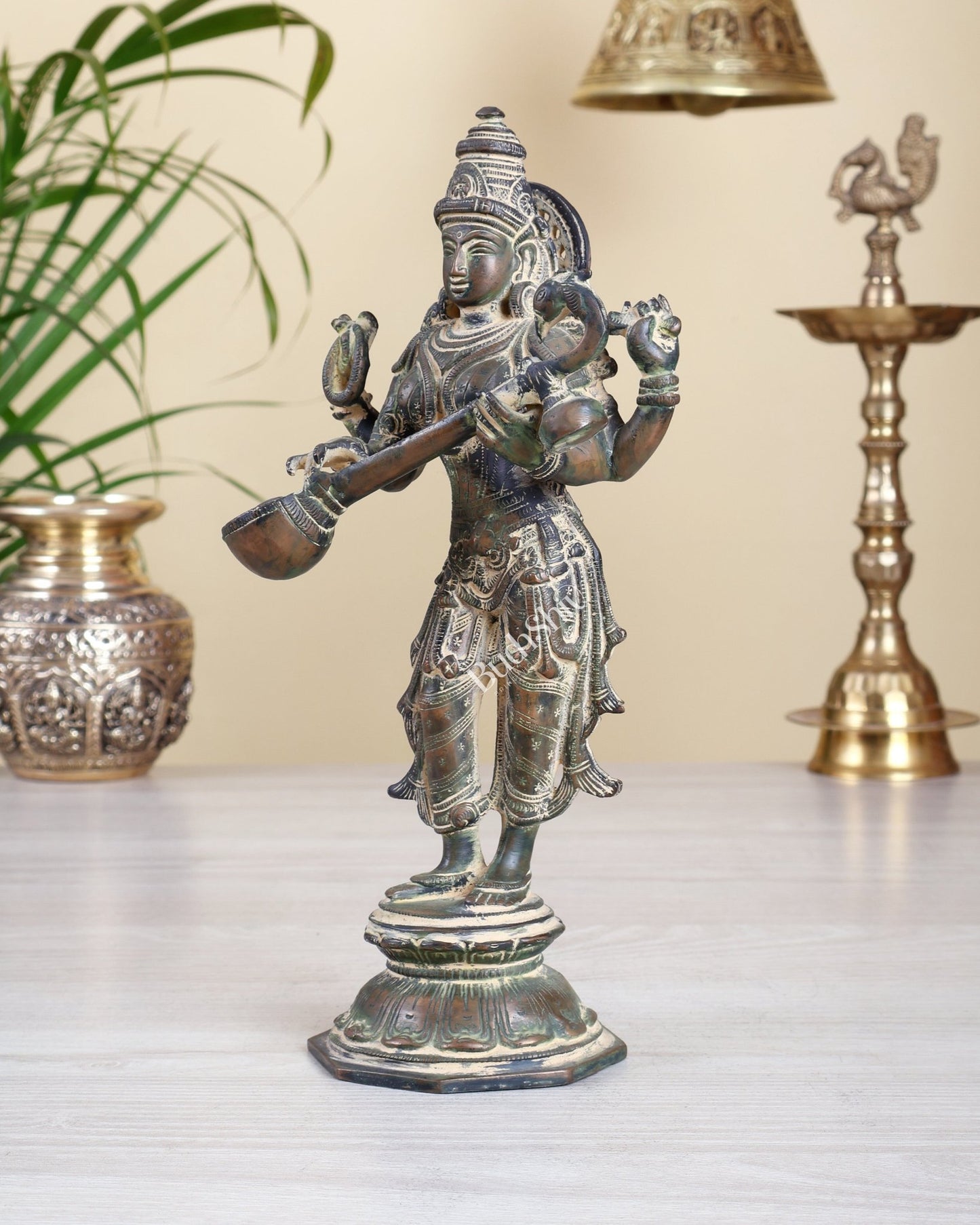 Brass Standing Saraswati Idol 10" vintage finish - Budhshiv.com