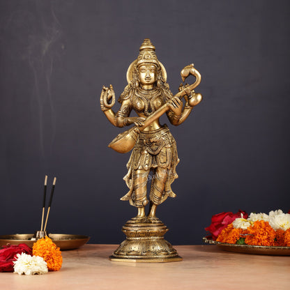 Brass Standing Saraswati Idol 10" - Budhshiv.com