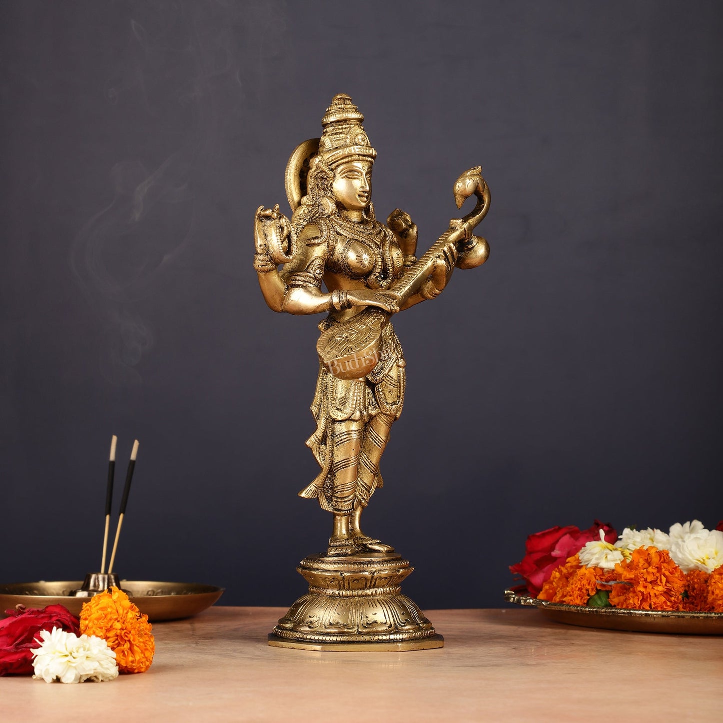 Brass Standing Saraswati Idol 10" - Budhshiv.com