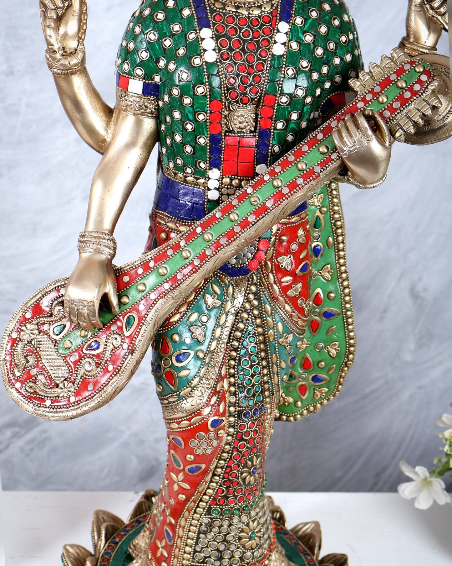 Brass Standing Saraswati statue with stonework - 25 inch - Budhshiv.com