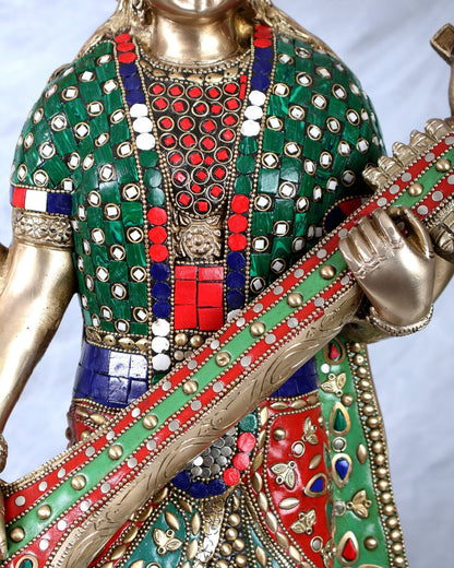 Brass Standing Saraswati statue with stonework - 25 inch - Budhshiv.com