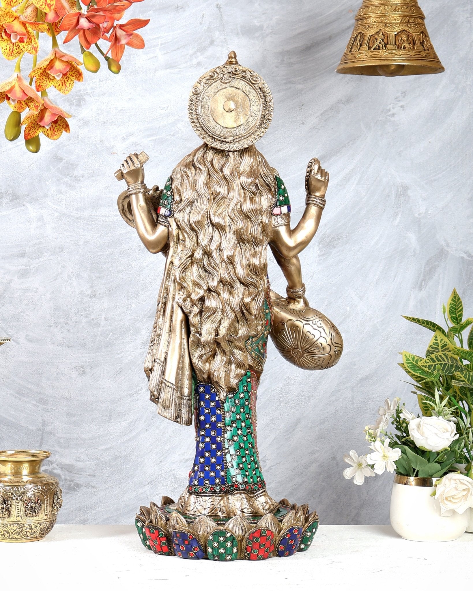 Brass Standing Saraswati statue with stonework - 25 inch - Budhshiv.com