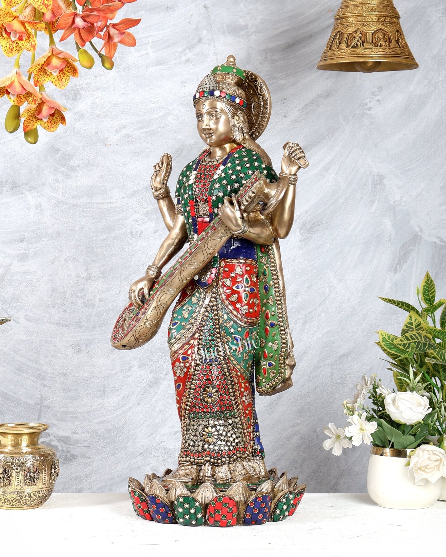 Brass Standing Saraswati statue with stonework - 25 inch - Budhshiv.com