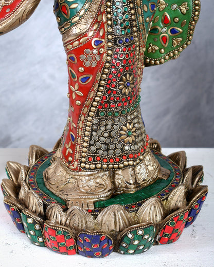 Brass Standing Saraswati statue with stonework - 25 inch - Budhshiv.com