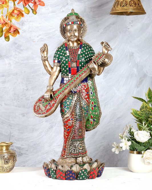 Brass Standing Saraswati statue with stonework - 25 inch - Budhshiv.com