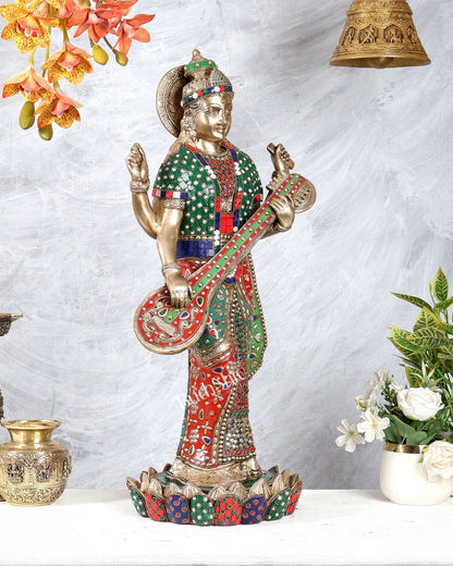 Brass Standing Saraswati statue with stonework - 25 inch - Budhshiv.com