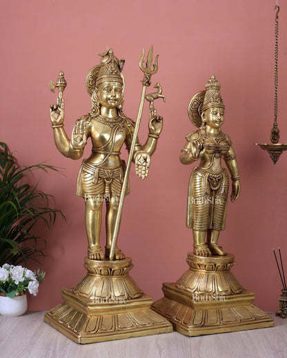 Brass Standing Shiva Parvati Kalyanam Murti Set (Marriage Statues, 37 Inch) - Budhshiv.com