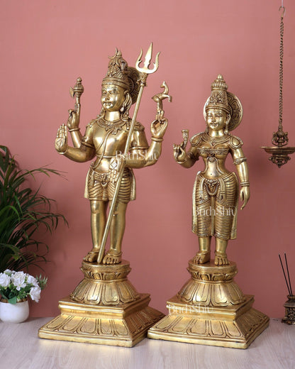 Brass Standing Shiva Parvati Kalyanam Murti Set (Marriage Statues, 37 Inch) - Budhshiv.com