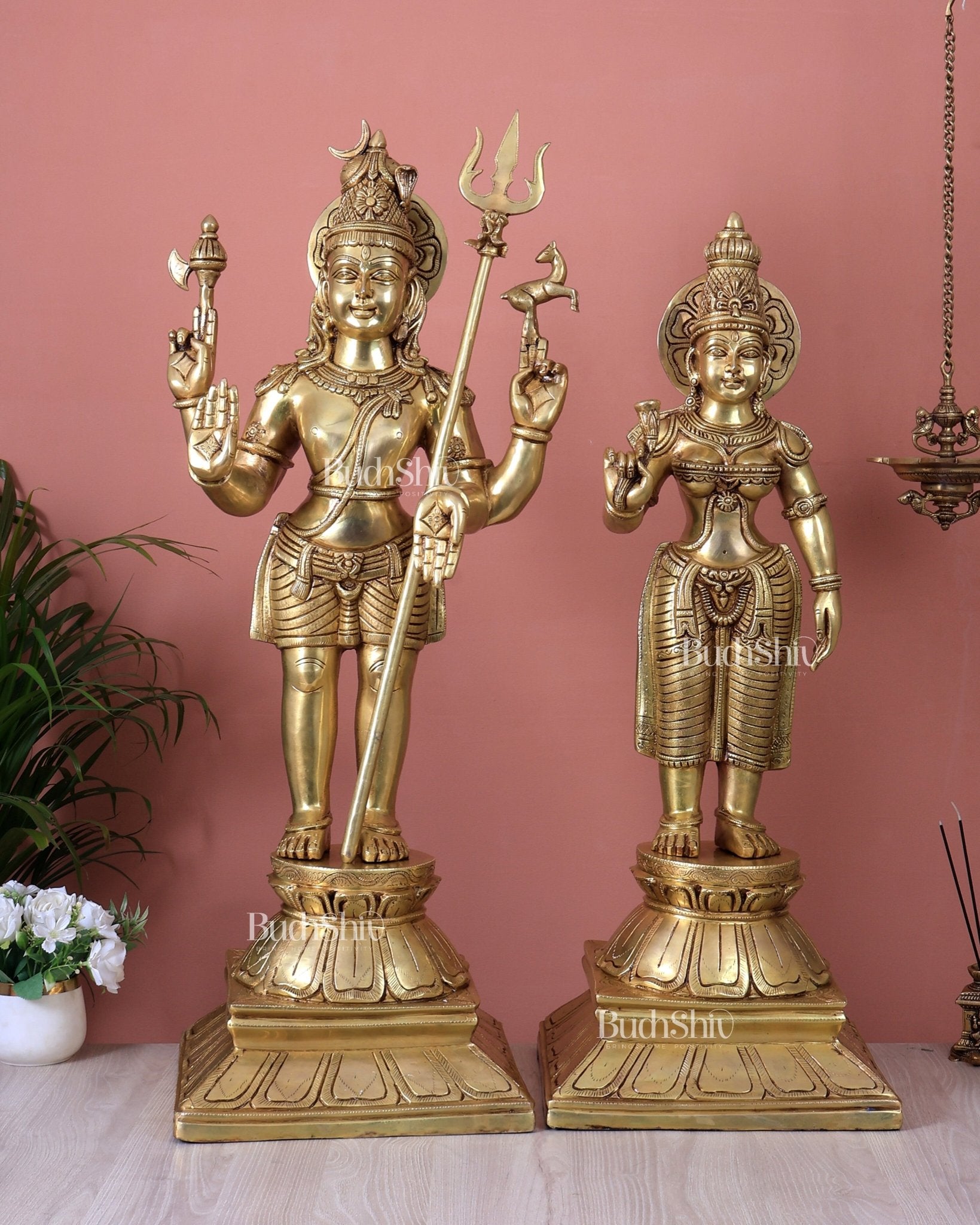 Brass Standing Shiva Parvati Kalyanam Murti Set (Marriage Statues, 37 Inch) - Budhshiv.com