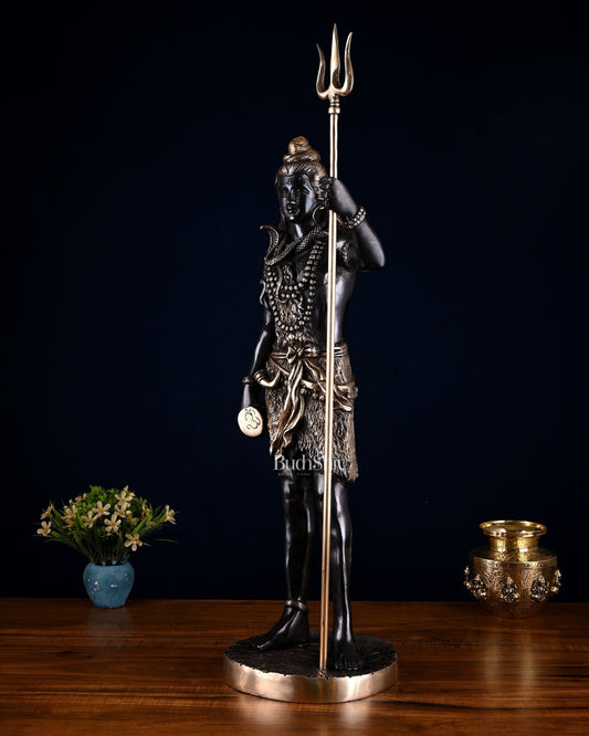 Brass Standing Shiva Statue – Black Edition with Trishul & Damru | 26" - Budhshiv.com