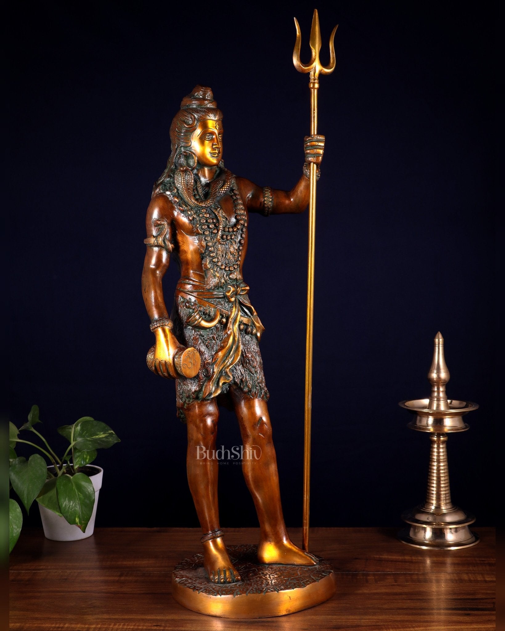 Brass Standing Shiva Statue – double chola tone with Trishul & Damru | 26" - Budhshiv.com