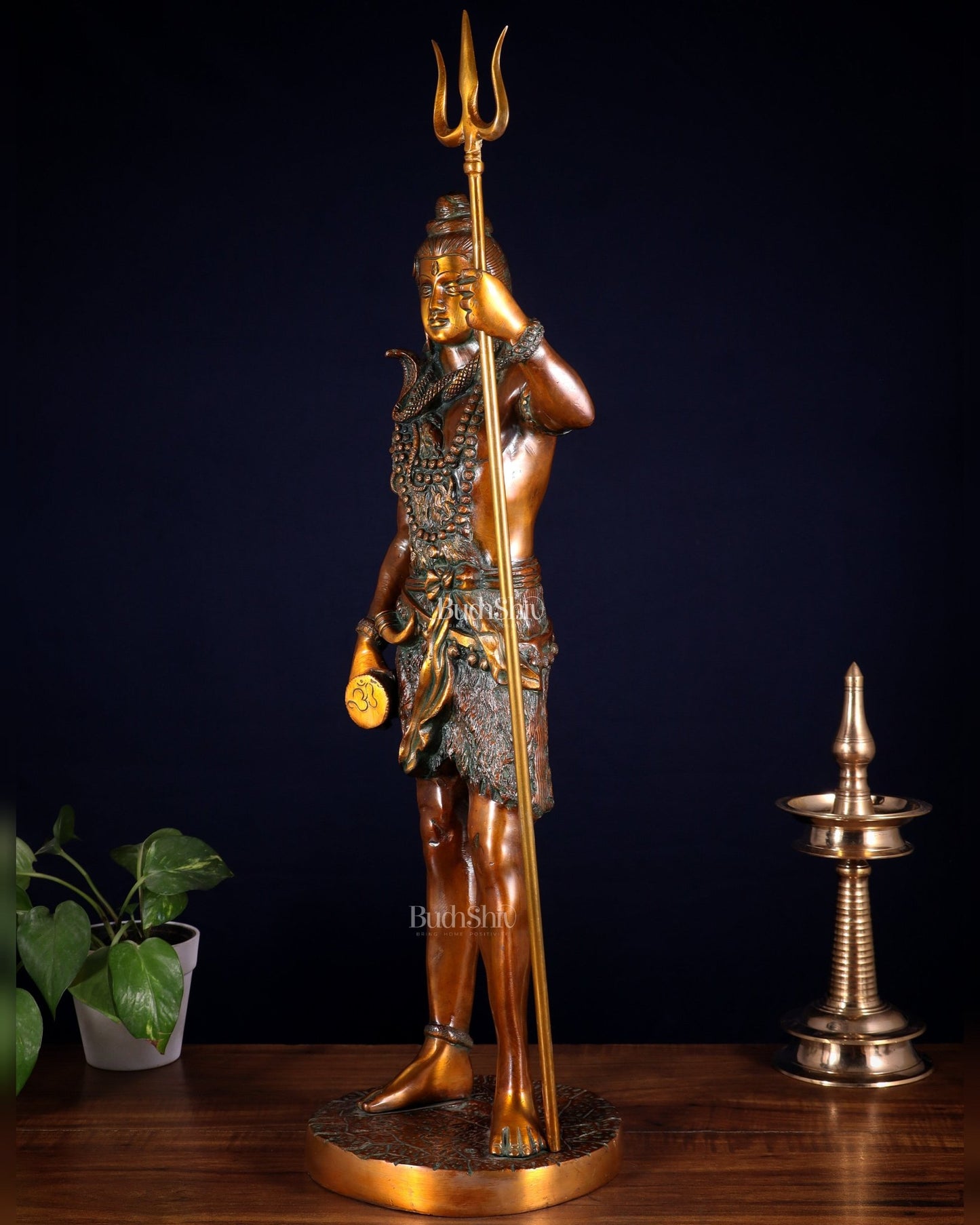 Brass Standing Shiva Statue – double chola tone with Trishul & Damru | 26" - Budhshiv.com
