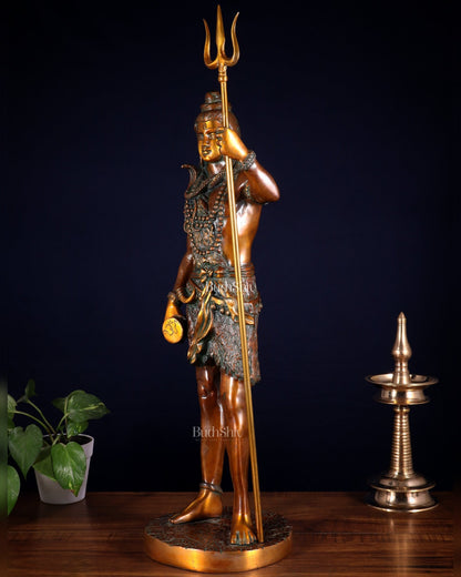 Brass Standing Shiva Statue – double chola tone with Trishul & Damru | 26" - Budhshiv.com