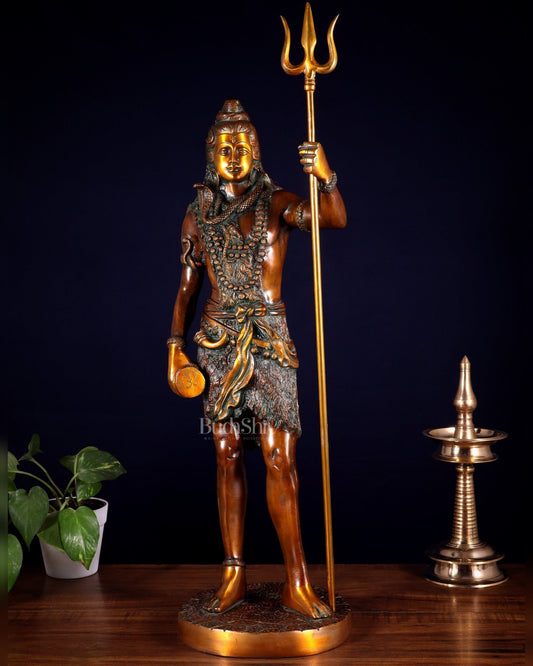 Brass Standing Shiva Statue – double chola tone with Trishul & Damru | 26" - Budhshiv.com