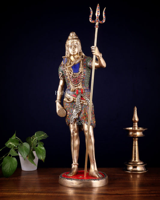 Brass Standing Shiva Statue – meenakari Stonework | 26" - Budhshiv.com