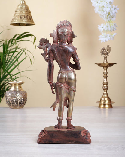Brass Standing Tara Devi Idol – Red Sand Patina with Silver Tone Vintage Sculpture 13" - Budhshiv.com