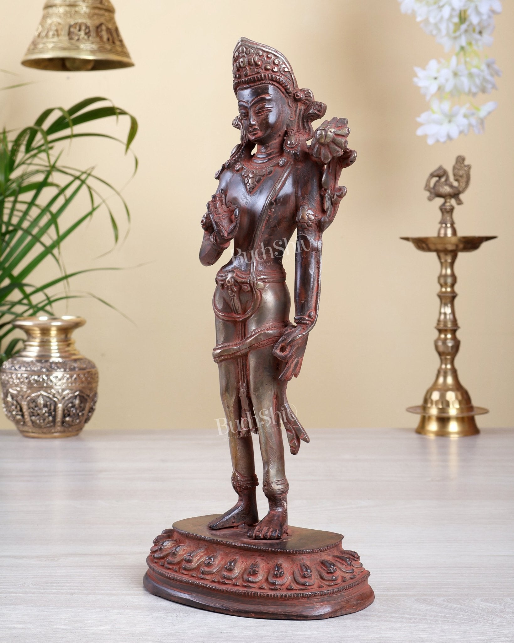 Brass Standing Tara Devi Idol – Red Sand Patina with Silver Tone Vintage Sculpture 13" - Budhshiv.com