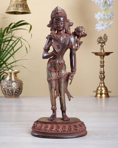 Brass Standing Tara Devi Idol – Red Sand Patina with Silver Tone Vintage Sculpture 13" - Budhshiv.com