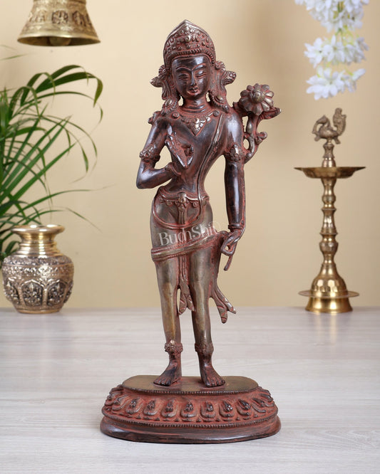 Brass Standing Tara Devi Idol – Red Sand Patina with Silver Tone Vintage Sculpture 13" - Budhshiv.com