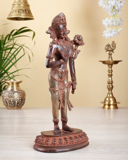 Brass Standing Tara Devi Idol – Red Sand Patina with Silver Tone Vintage Sculpture 13" - Budhshiv.com