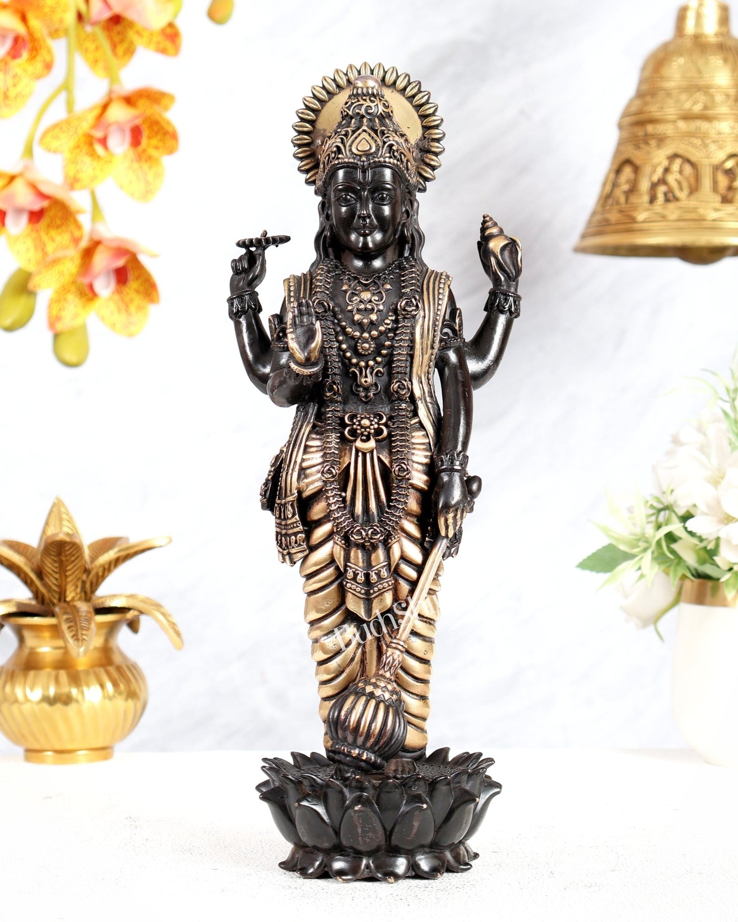 Brass Standing Vishnu Idol superfine carvings black finish - Budhshiv.com