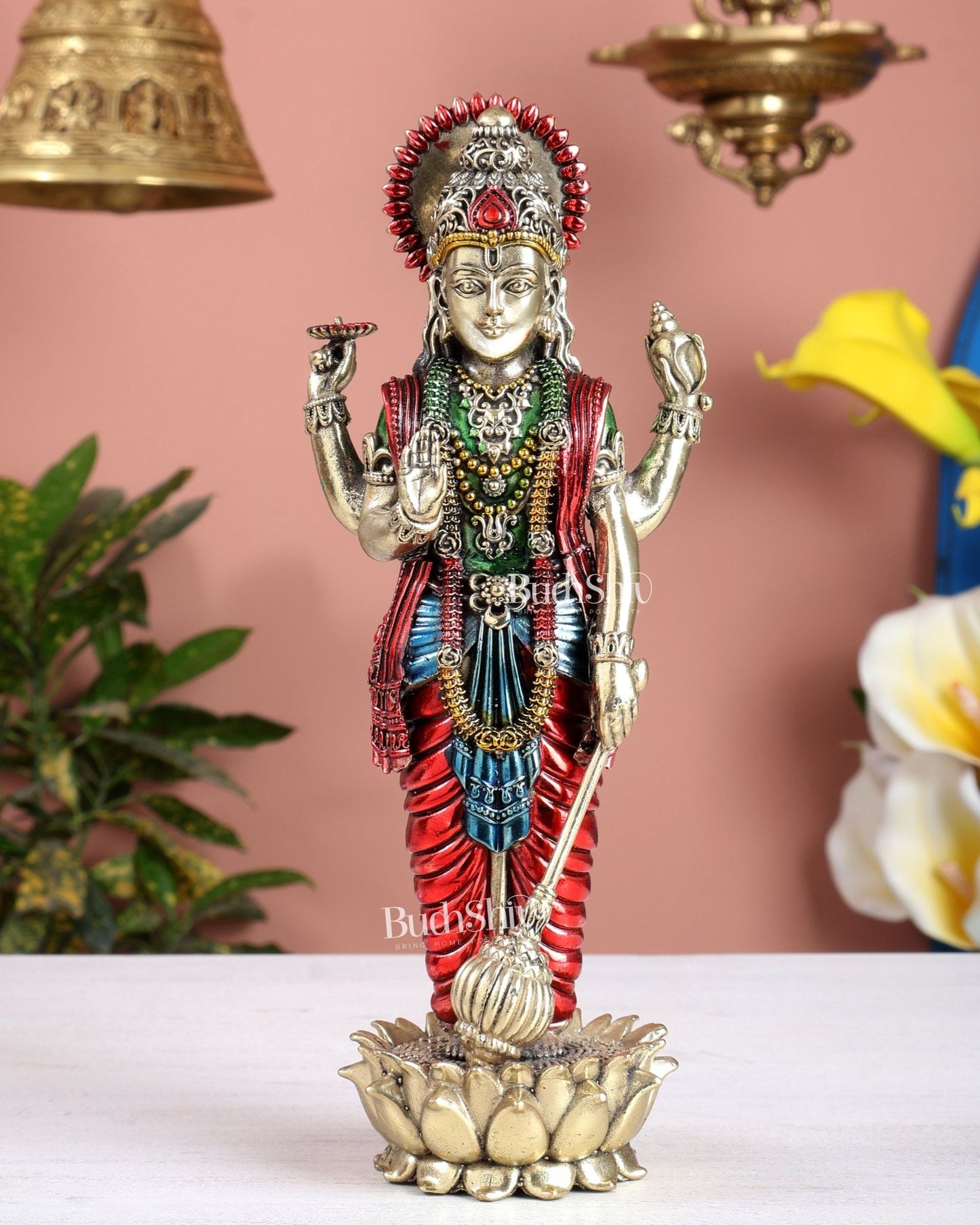 Brass Standing Vishnu Idol superfine carvings hand - painted idol - Budhshiv.com