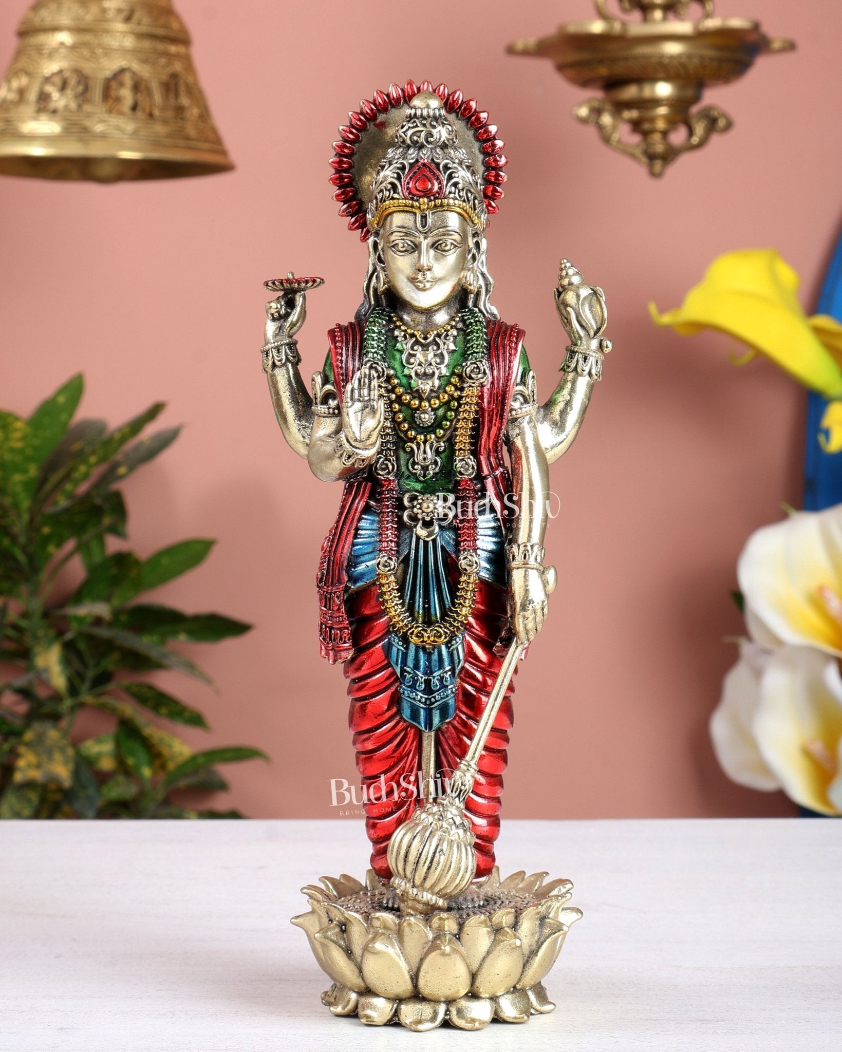 Brass Standing Vishnu Idol superfine carvings hand - painted idol - Budhshiv.com