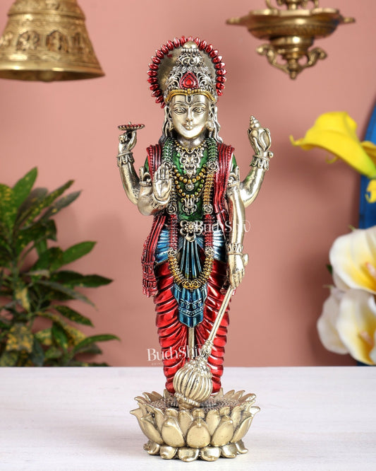 Brass Standing Vishnu Idol superfine carvings hand - painted idol - Budhshiv.com