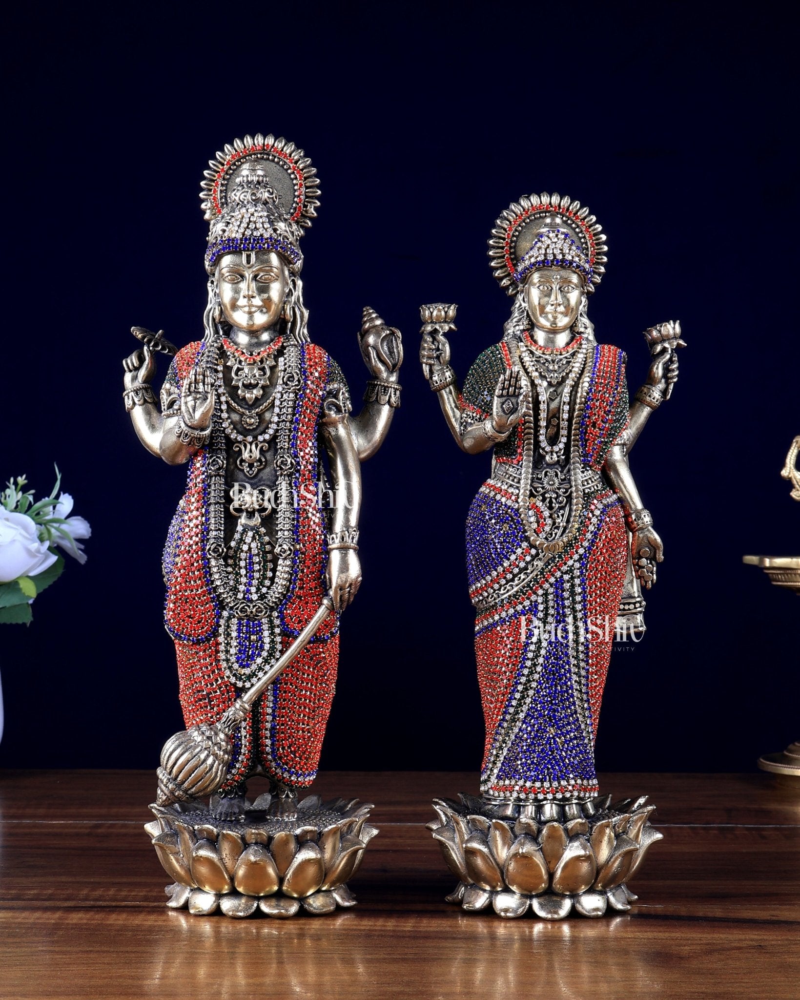 Brass Standing Vishnu Lakshmi Idol Pair with jewellers meenakari - Budhshiv.com