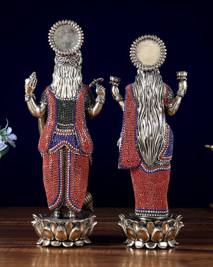 Brass Standing Vishnu Lakshmi Idol Pair with jewellers meenakari - Budhshiv.com