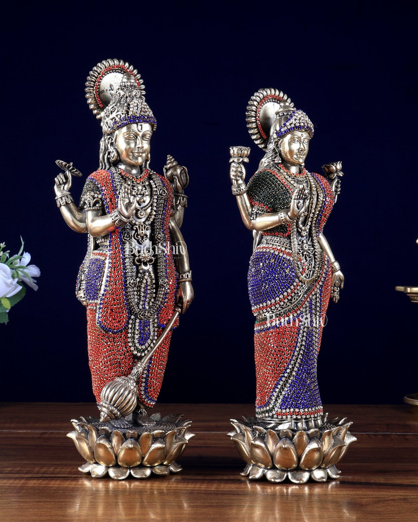 Brass Standing Vishnu Lakshmi Idol Pair with jewellers meenakari - Budhshiv.com