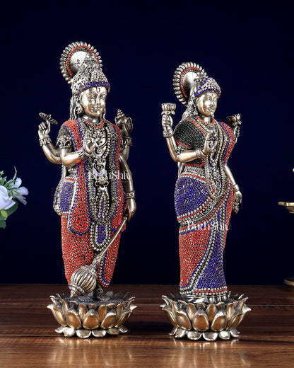 Brass Standing Vishnu Lakshmi Idol Pair with jewellers meenakari - Budhshiv.com
