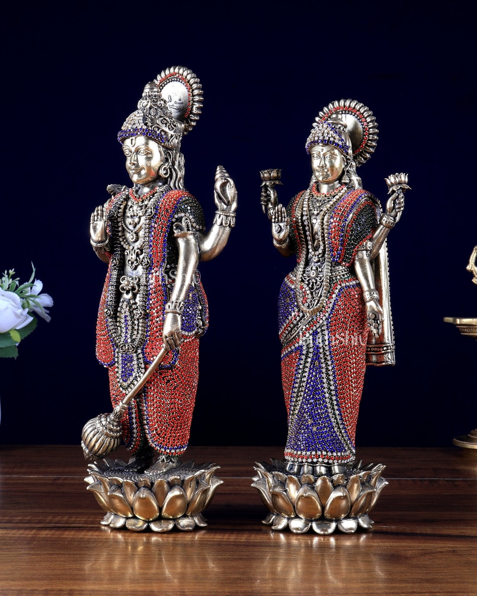 Brass Standing Vishnu Lakshmi Idol Pair with jewellers meenakari - Budhshiv.com