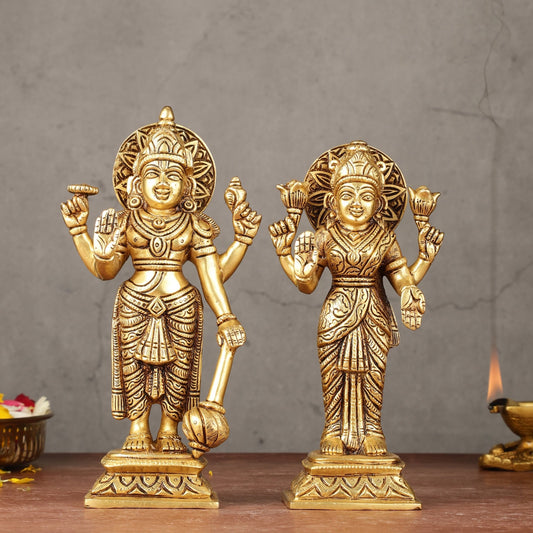 Brass standing Vishnu lakshmi superfine idols 8 inch - Budhshiv.com