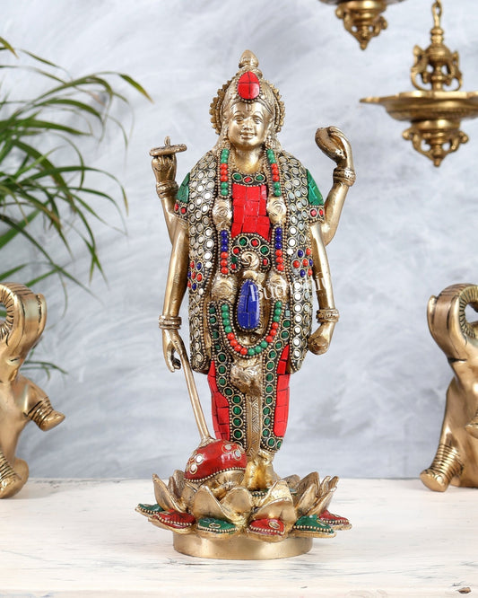 Brass Standing Vishnu Statue Satya narayan on Lotus Base - 12.5 Inch - Budhshiv.com