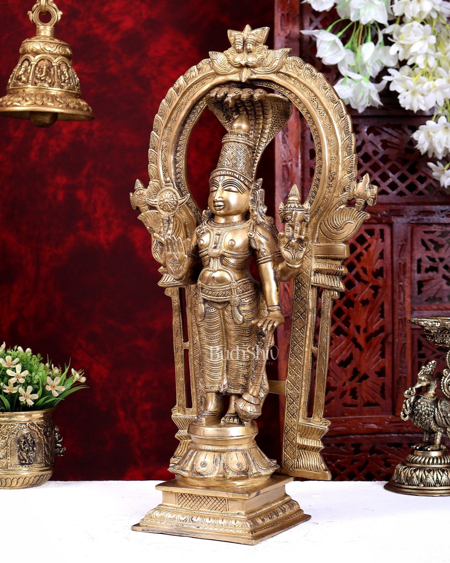 Brass Standing Vishnu with Sheshanaaga Prabhavali 20 inch - Budhshiv.com