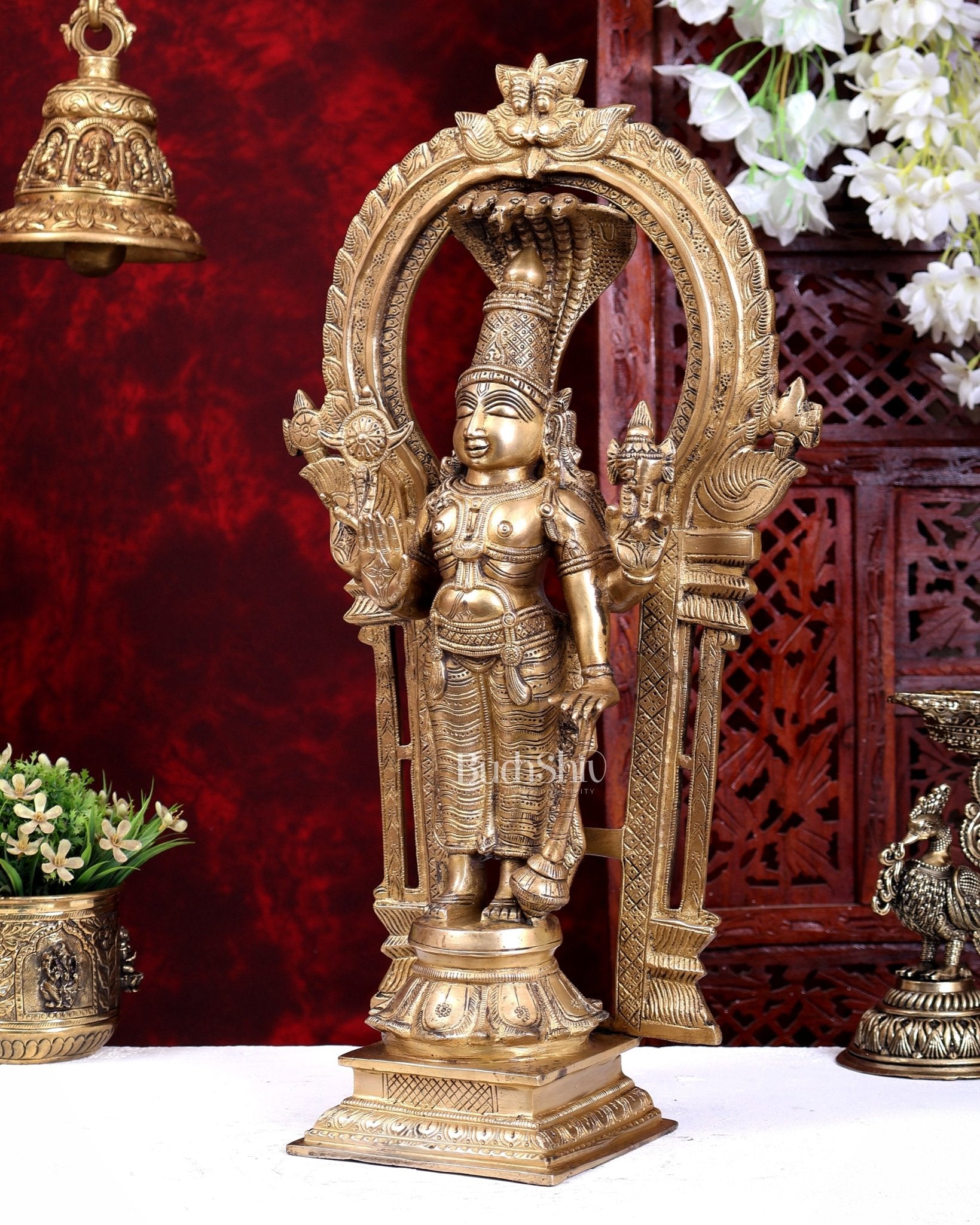 Brass Standing Vishnu with Sheshanaaga Prabhavali 20 inch - Budhshiv.com