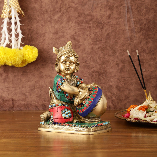 Brass Statue of Lord Krishna as Bal Gopal - 7" Tall - Budhshiv.com