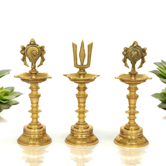 Brass Superfine 12 - Inch Shankh, Chakra, Naama Oil Lamp Vilakku Diya - Budhshiv.com