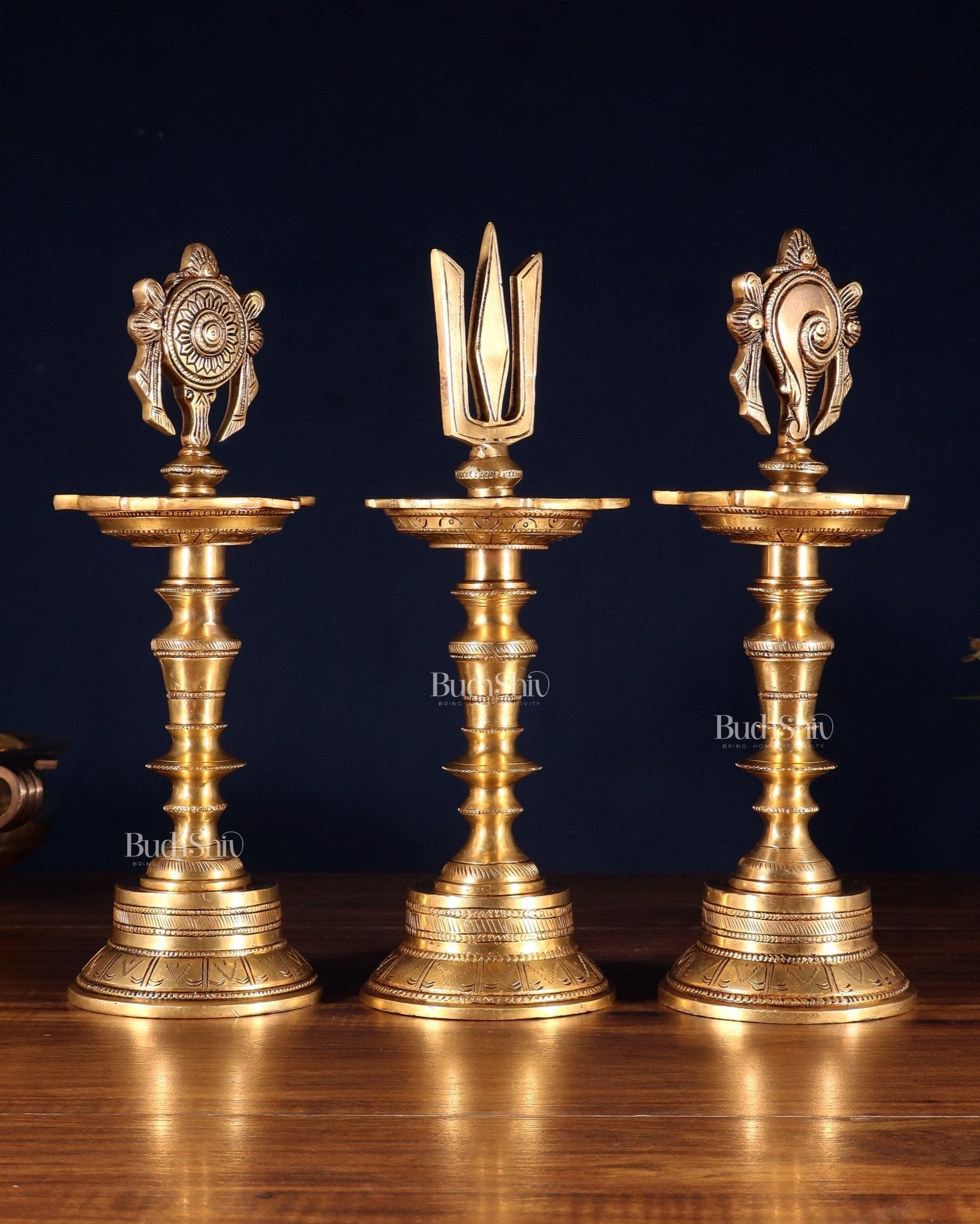 Brass Superfine 12 - Inch Shankh, Chakra, Naama Oil Lamp Vilakku Diya - Budhshiv.com