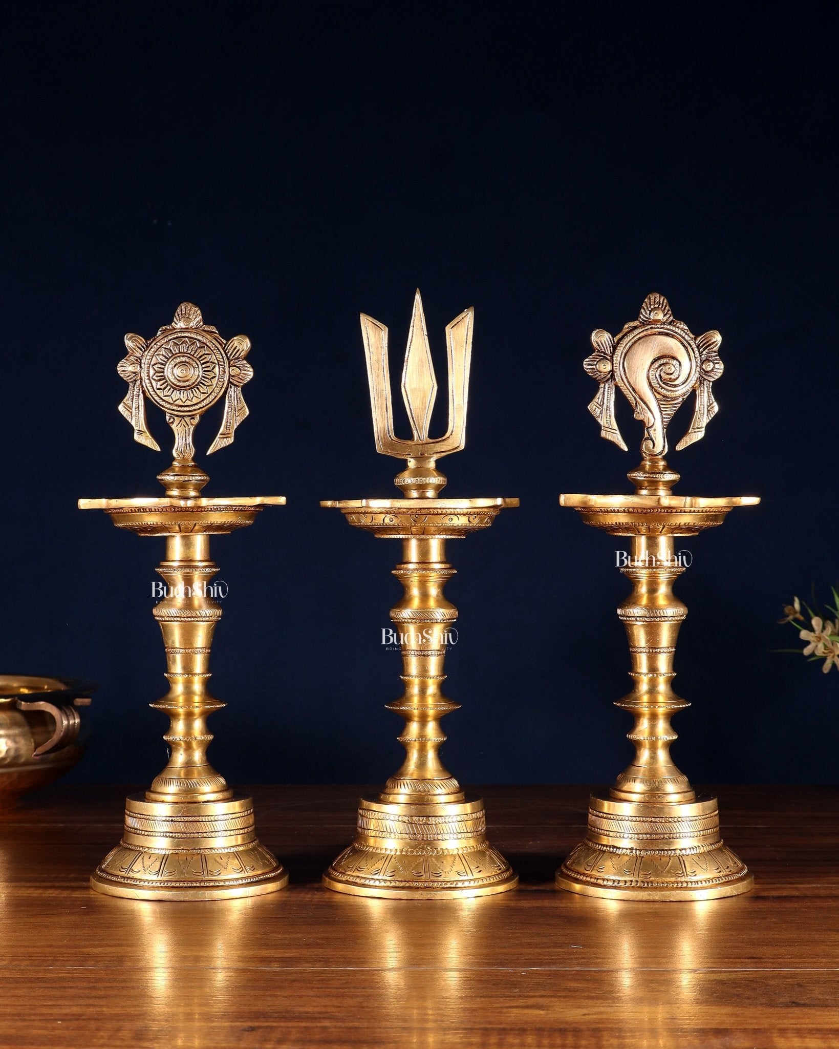 Brass Superfine 12 - Inch Shankh, Chakra, Naama Oil Lamp Vilakku Diya - Budhshiv.com