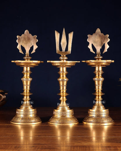 Brass Superfine 12 - Inch Shankh, Chakra, Naama Oil Lamp Vilakku Diya - Budhshiv.com