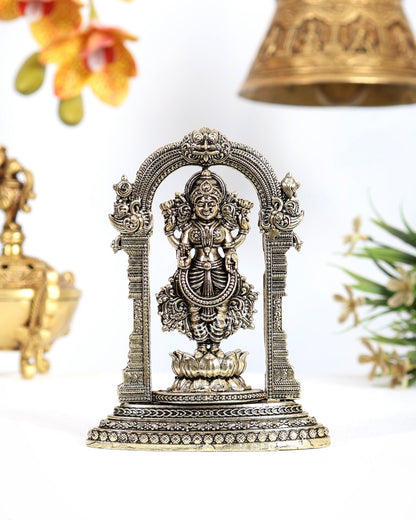 Brass Superfine 2D Standing Lakshmi Idol with Prabhavali Arch – Lotus Base Sculpture 4.5 inch - Budhshiv.com