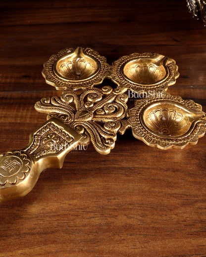 Brass Superfine aarti Triple Diya with Handle - Budhshiv.com