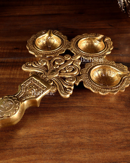 Brass Superfine aarti Triple Diya with Handle - Budhshiv.com