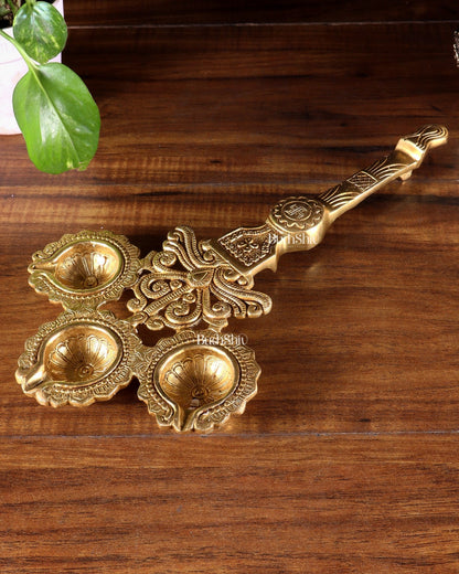 Brass Superfine aarti Triple Diya with Handle - Budhshiv.com