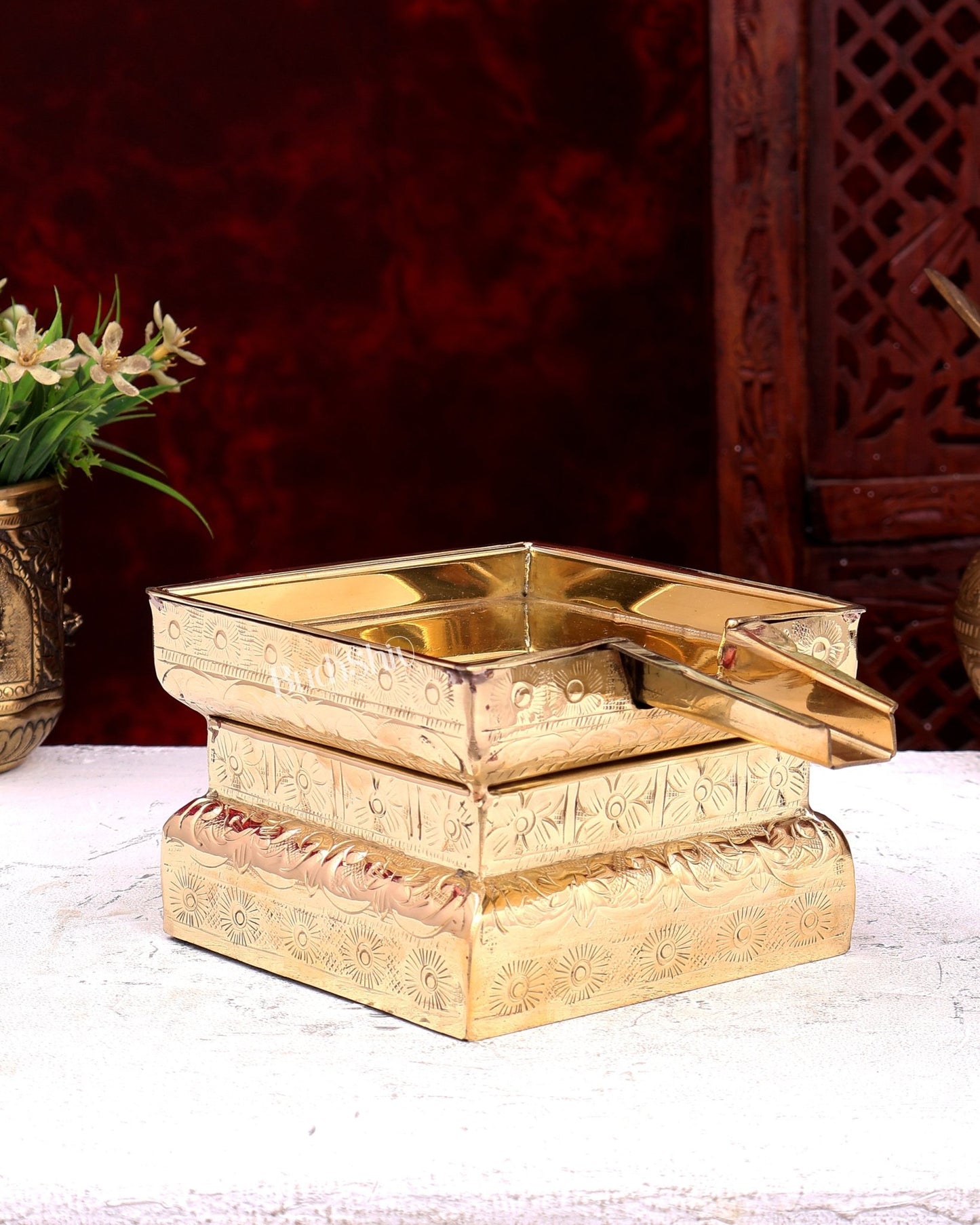 Brass Superfine Abhishekh Patra | Daily Ritual Vessel with Idol Platform | Pure Brass Pooja Accessory 5.25 inch - Budhshiv.com
