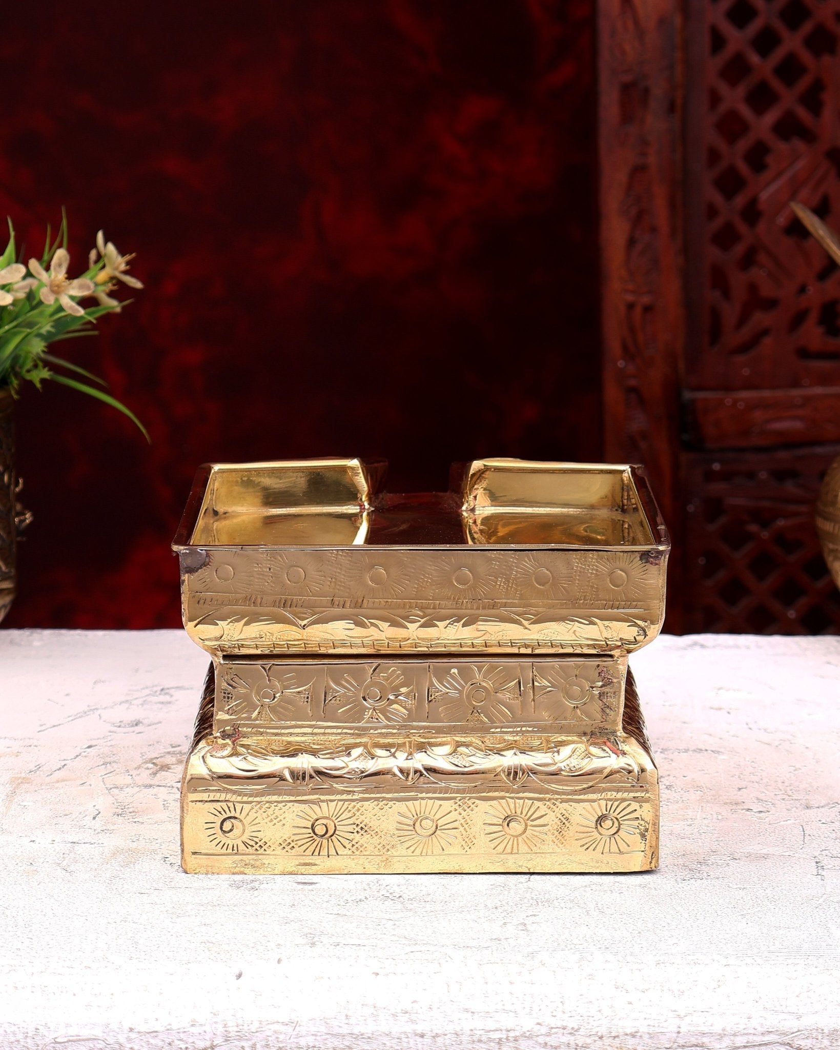 Brass Superfine Abhishekh Patra | Daily Ritual Vessel with Idol Platform | Pure Brass Pooja Accessory 5.25 inch - Budhshiv.com