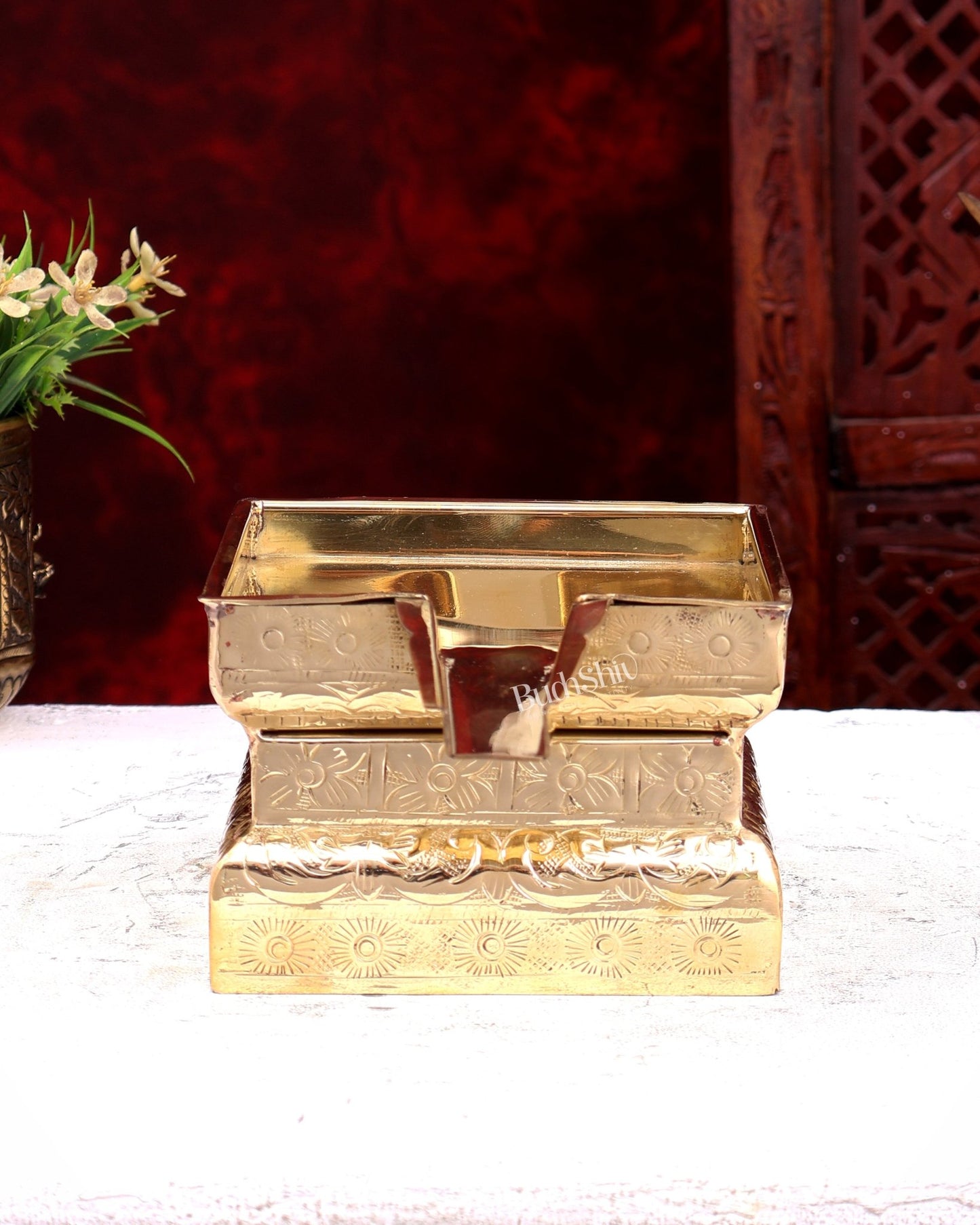 Brass Superfine Abhishekh Patra | Daily Ritual Vessel with Idol Platform | Pure Brass Pooja Accessory 5.25 inch - Budhshiv.com
